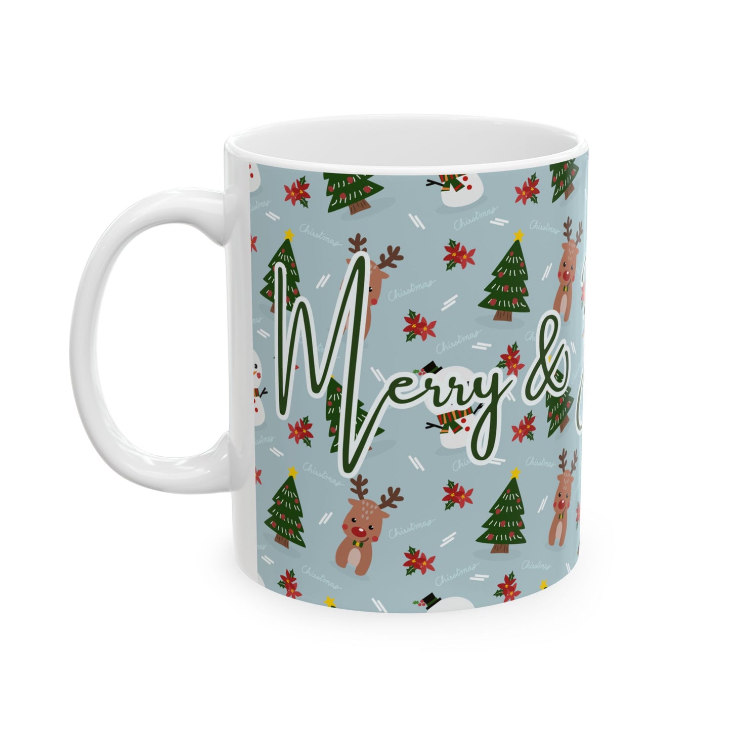 Merry & Bright Sips Christmas Mug – Festive Reindeer & Snowman Holiday Coffee Cup