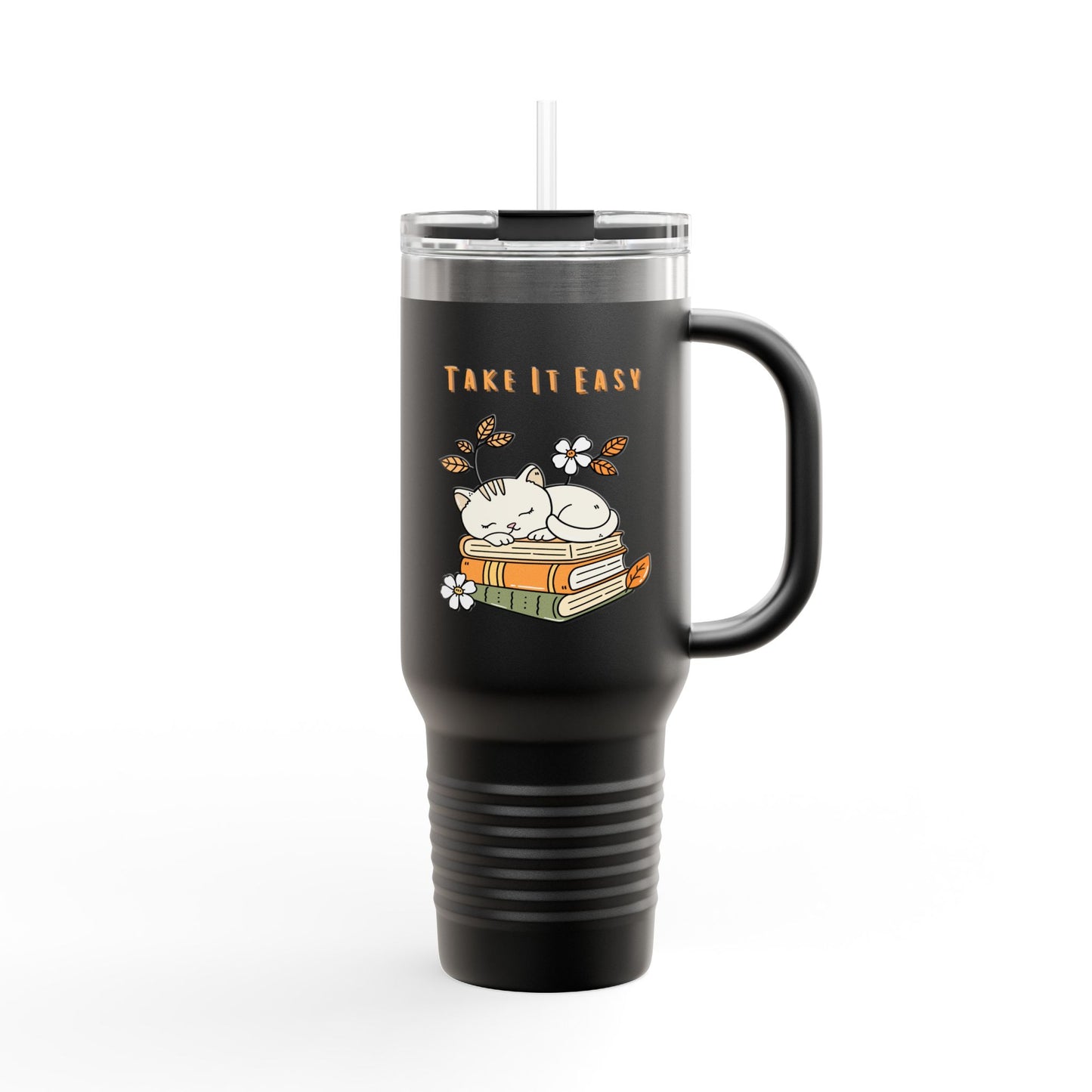 Take It Easy – Cozy Cat & Books Stainless Steel Tumbler (6 Colours)