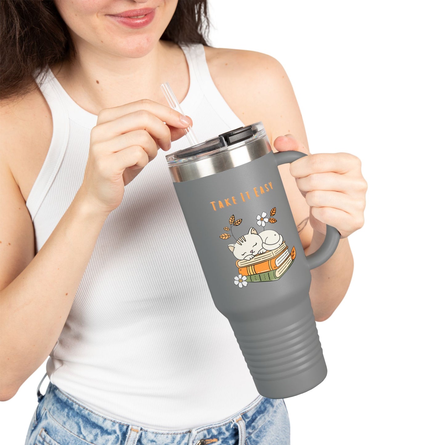 Take It Easy – Cozy Cat & Books Stainless Steel Tumbler (6 Colours)