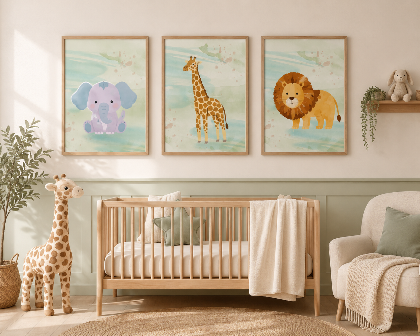 Safari Nursery Wall Art Set Printable – Watercolor Jungle Animal Prints for Baby Nursery Decor