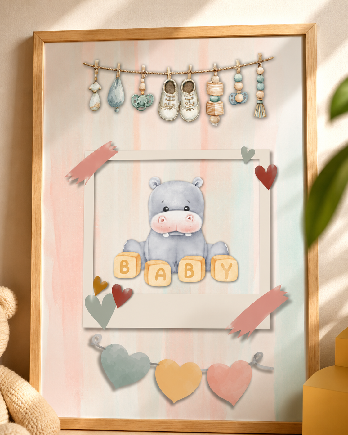 Cute Baby Hippo Nursery Wall Art | Neutral Safari Animal Printable | Boho Baby Room Decor | Gender Neutral Nursery Print | Instant Digital Download