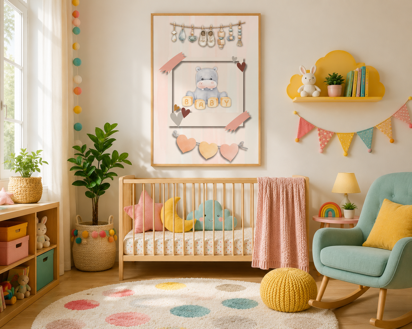 Cute Baby Hippo Nursery Wall Art | Neutral Safari Animal Printable | Boho Baby Room Decor | Gender Neutral Nursery Print | Instant Digital Download